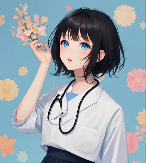 Black Hair Long Girl Pediatrician Blue Eyes Illustration