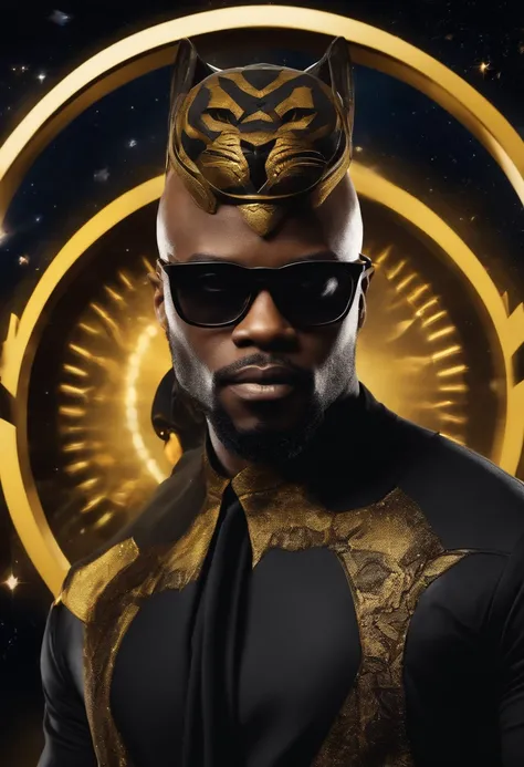 Bald black man with black frame glasses and yellow lens with Black Panther movie outfit and universe background