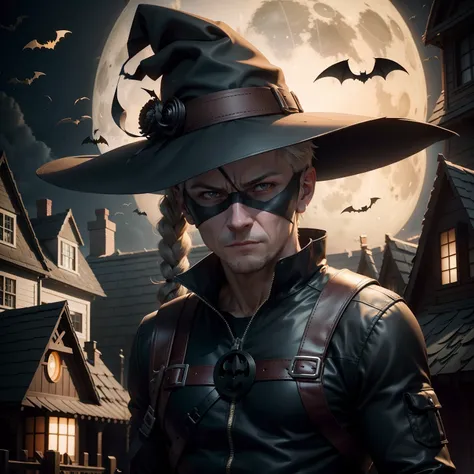 Hawkeye wears a Halloween hat...，（master-piece，bestquality：1.2），Best Lights，best shadows，Show background, . . . . . . . . . . . . . .bat,full big moon,Old House,stylized 3d render