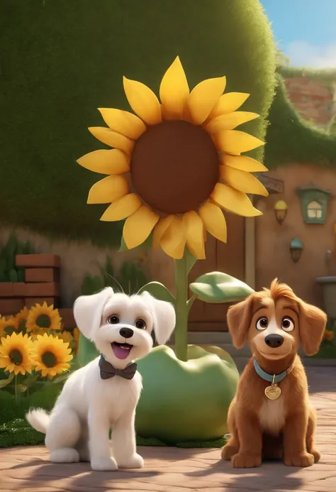 Create a Disney PIXAR-style 3D poster. ((centro da imagem, 2 cachorros)), ((Maltese breed)) ((1 male with a light and short coat and 1 female with a white and long coat with a bow on the head, theyre running, O menino tem pele castanha e cabelos castanhos ...