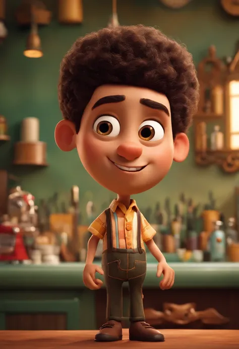 A Dream Barber Inspired by Pixar Animation, de perto. The character takes center stage with captivating facial expressions, oferecendo um toque de irrealidade, Cabelo curto e gordinho gradiente