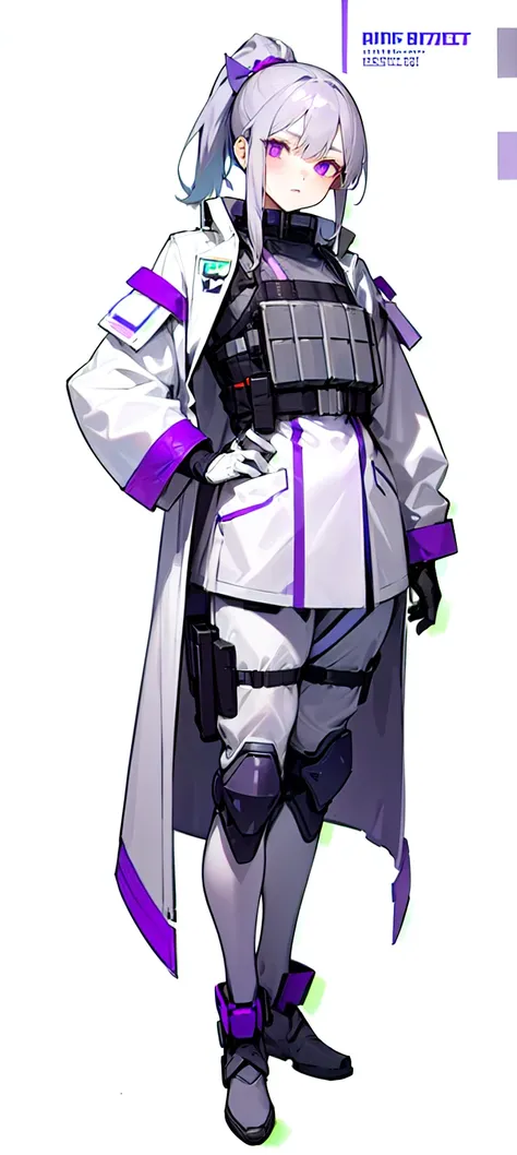 Girl, White Skin Skin, violet eyes, Gray hair tied in a ponytail, White & purple clothing, Spetsnaz pants with small knee pads, Bulletproof vest White coat with collar over clothing, in full height, the pose: Standing, hands on thighs, Concept art, Half-fr...