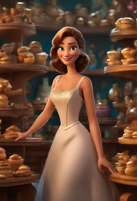 Crie um cartaz Disney/Cartaz de filme inspirado na Pixar, cena de uma bela mulher de 27 anos, Cabelo castanho cacheado de comprimento no ombro, olhos castanhos escuros, sorriso com aparelho nos dentes de cima, rosto oval, pele branca, Holding an iPhone in ...