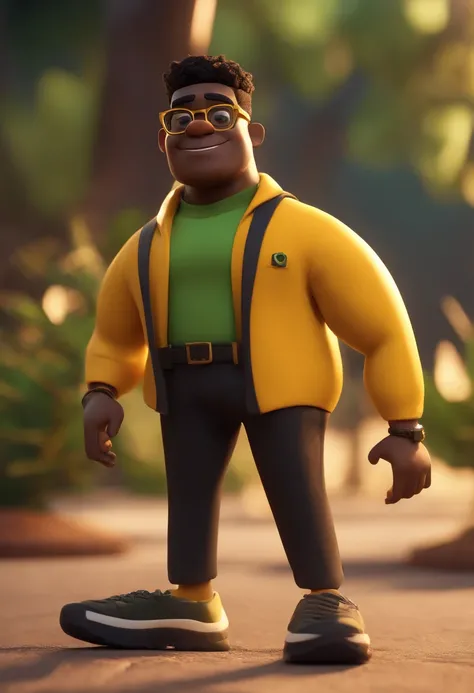 Cartoon character of a black man with black glasses, yellow lens, black debsrba and a green shirt, animation character, Caractere estilizado, animation style rendering, 3D estilizado, Arnold Maya render, 3 d render stylized, toon render keyshot, Personagem...