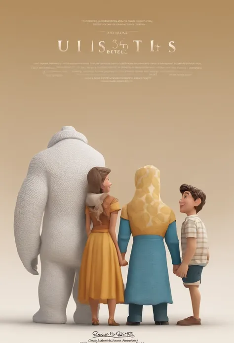 Create a Disney PIXAR-style 3D poster, ((2 Adults 1 Teen Boy 1 Child Boy)) ((adolescente meninos no meio  ao , Theyre hugging each other,Um adolescente menino tem pele branca e cabelos longos castanhos escuros e olhos castanhos escuros, Um mulher tem pele ...