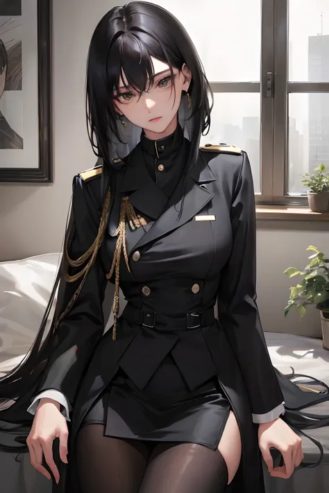 (Top resolution, Distinct_image) best qualtiy, femele, masutepiece, Highly detailed, Half realistic, With short black hair, Black hair, Bangs, 21 years old, shoulder-length hair, Mature, 年轻, Black clothing, Black uniform, Army Suit, Military Academy, Beaut...