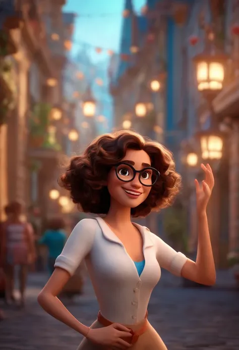 Pixar style image with 3D character white glasses brunette woman short curly hair dancing, Maquiagem Disney,Pescador, bonitinho, sorridente ,Close-up, Pixar, Disney, Cinema lighting,