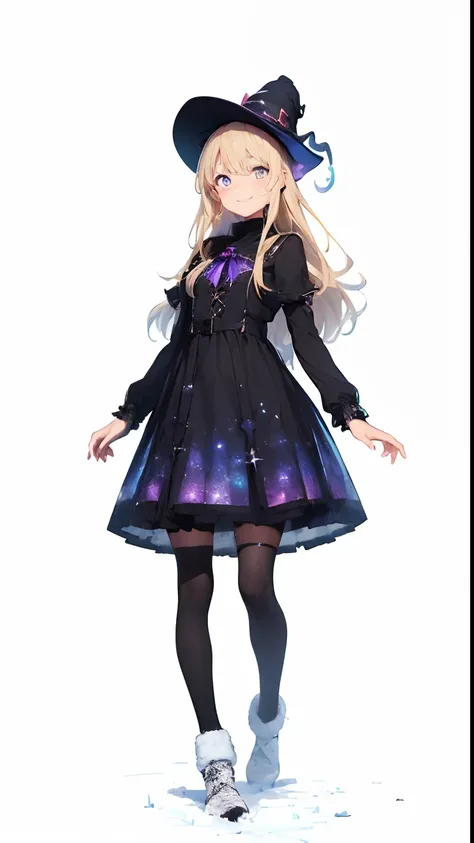 (((One young girl wearing astral witch clothes))), wearing a french hat, ((astral witch clothes)), witchcore clothes, fantasy style clothing, (((fantasy winter city)), blonde long hair, black pupils, moon symbols, smiling