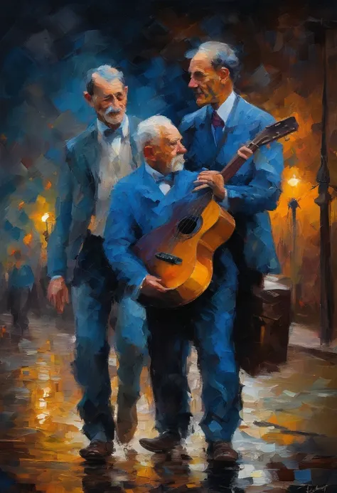 deep in the night，A young man and an old man facing the camera，Two men carry guitars on their backs，Messy character lines，The dominant color is blue， Super fine, vivd colour, High saturation