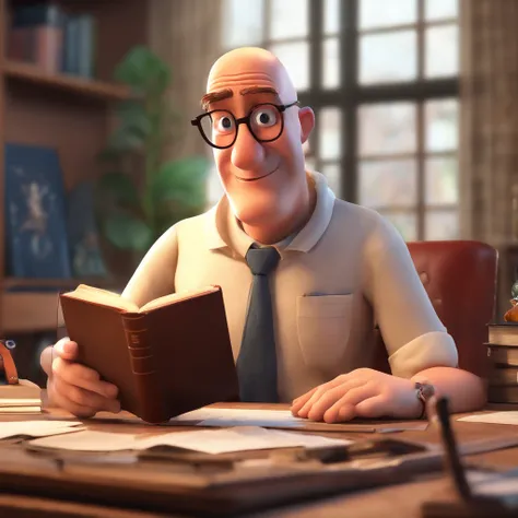 Crie um cartaz inspirado na Disney Pixar com o personagem sendo o pastor Rubens Janier, A completely bald man wearing glasses, in an office with a Bible on the table