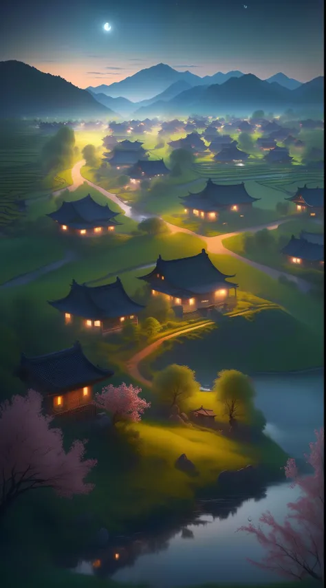 (best quality,4k,8k,highres,masterpiece:1.2),ultra-detailed,(realistic,photorealistic,photo-realistic:1.37),rural night scene with Chinese countryside elements,traditional Chinese landscape painting style,tranquil atmosphere,serene moonlit night,peaceful v...