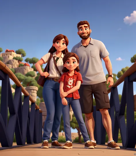 The larger character has a beard and everyone is smiling and the smaller character is a girl