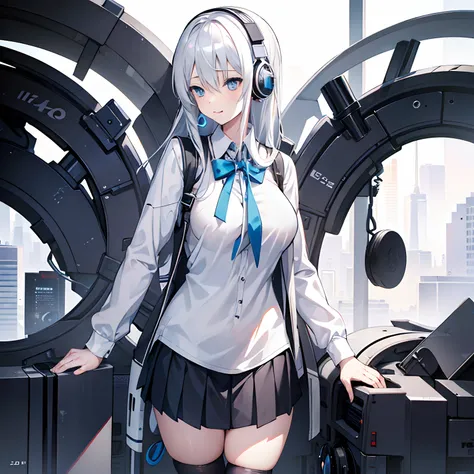 "anime girl, 1 person, silver white hair mixed with black, blue eyes, wearing headphones, female shirt, female school uniform, big breasts, chin in hand, tights, standing cross-legged, licking lips,  side view, (full HD 4K+ image)"