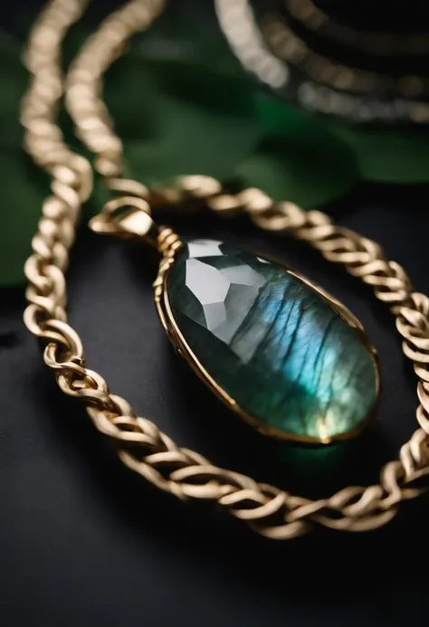 On the table is placed a emerald necklace with a unique design made of natural labradorite,(choker necklace),4k高清,(Real Photographics),Masterpiece, Best quality