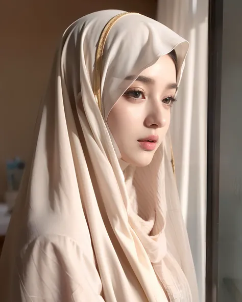 there is a arabic woman wearing a hijab looking out a window, hijab, veiled, white hijab, veiled face, beautiful delicate face, very beautiful girl, lovely delicate face, pale-skinned persian girl, beautiful, beautiful arab woman, high quality portrait, po...