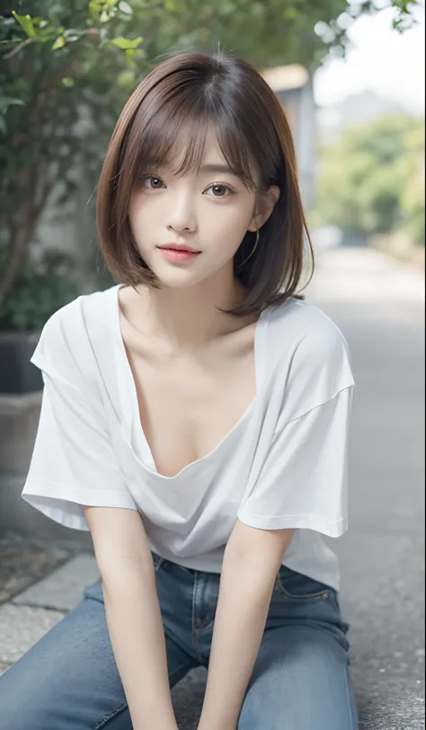 downbrouse、No bangs:1.10、straight flat chest:1.20, (leaning-forward:1.3)、(oversize tshirt、Loose-fitting T-shirt、Low Cut T-Shirt:1.5)、No bra;1.10, Pink areola is visible:1.20, A Cup:1.20, Erotic, (top-quality、8K、32K、​masterpiece)、japanes、17 age、Very pretty ...