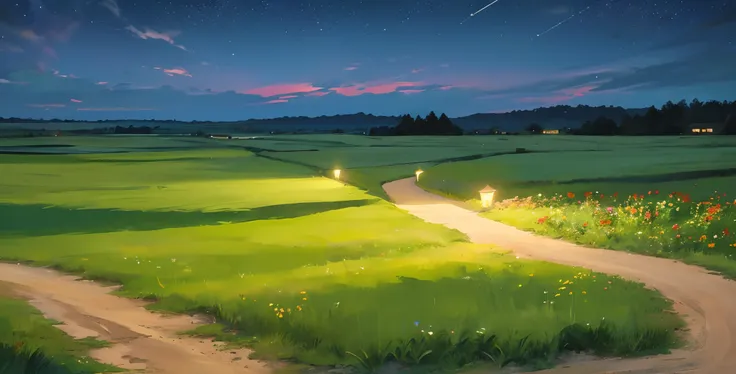 Nighttime clear skies milky way dark blue skies plain grasslands with low level grass uniform grass flowers scattered settlement  of illuminated houses  90s lamp nearby  cinematic game graphic 8k quality  calming effect photorealistic hyper realistic