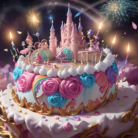 Beautiful 8K Ultra HD professional photos, Sharp focus, In a stunning fantasy starry world,Fairies are dancing in the sky，A birthday cake filled with gems falls from the sky，A huge cake，It has candles and confetti on it, Huge birthday cake, with sparkling ...