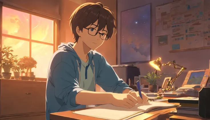 (Masterpiece) A boy (Male) Sit in his room and study, on his desk, Wear headphones and glasses, Video games and joysticks on the table, Book decoration, Video games on the wall, Posters, A window showing the moon and stars, calm, peace, Thinking, Cinematic...