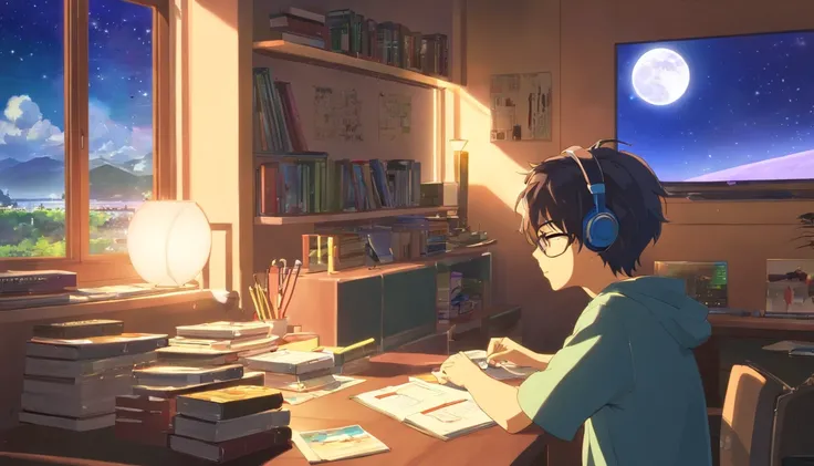 (Masterpiece) A boy (Male) Sit in his room and study, on his desk, Wear headphones and glasses, Video games and joysticks on the table, Book decoration, Video games on the wall, Posters, A window showing the moon and stars, calm, peace, Thinking, Cinematic...