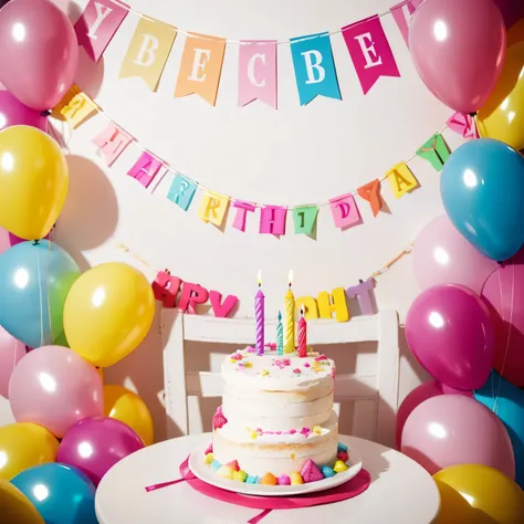 Birthday party with delicious cake, There are birthday candles and colorful balloons, Full of shredded paper, There is a Happy Birthday banner，There are gifts next to it