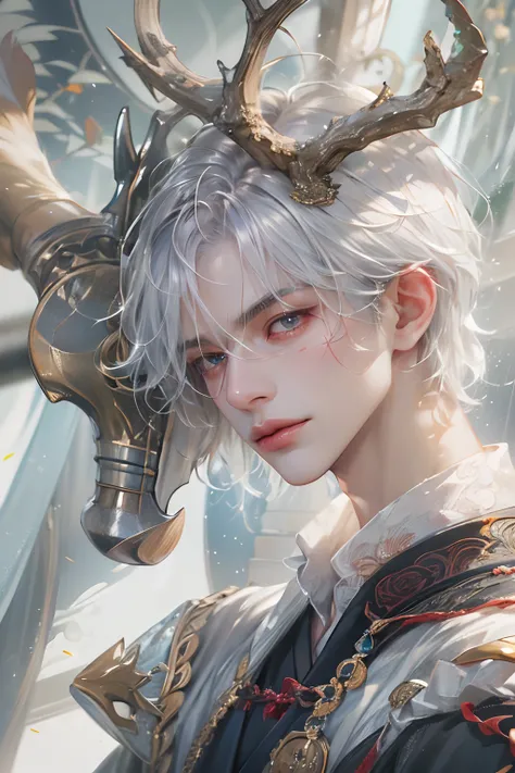 (absurdres, highres, ultra detailed, HDR), masterpiece, 1 boy, 22 years old, best quality, chinese style , short silver hair, deer horn above his head, handsome boy, anime eyes, detailed scebe, detailed character