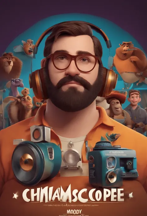 um homem, em breve, barba curta, olhos castanhos, com fones de ouvido, A music studio in the background, Imagem no estilo Pixar, Estilo de filme animado 3D, Disney, camiseta preta