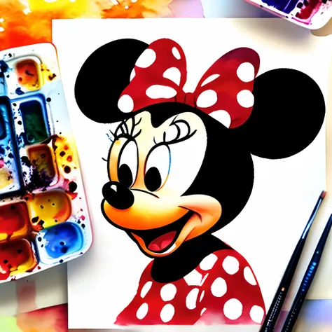 Minnie illustration in watercolor style, arte disney, best quality,