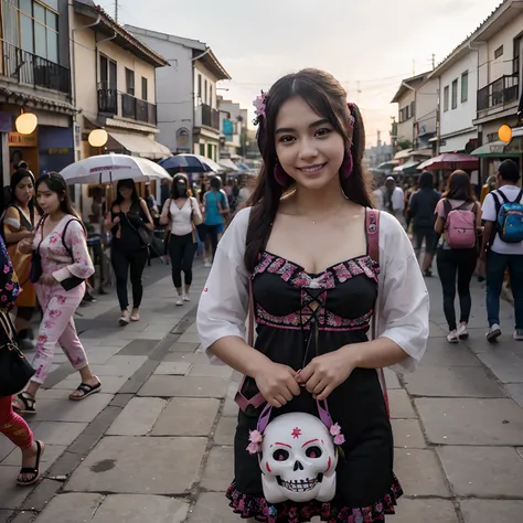 Anime style menina japonesa sorrindo em vilarejo do mexico com mochila chegando para festa de dia de los muertos com o rosto pintado como caveira, We see Mariates musicians playing in the streets crowded with people with Dia de los Muertos decorations