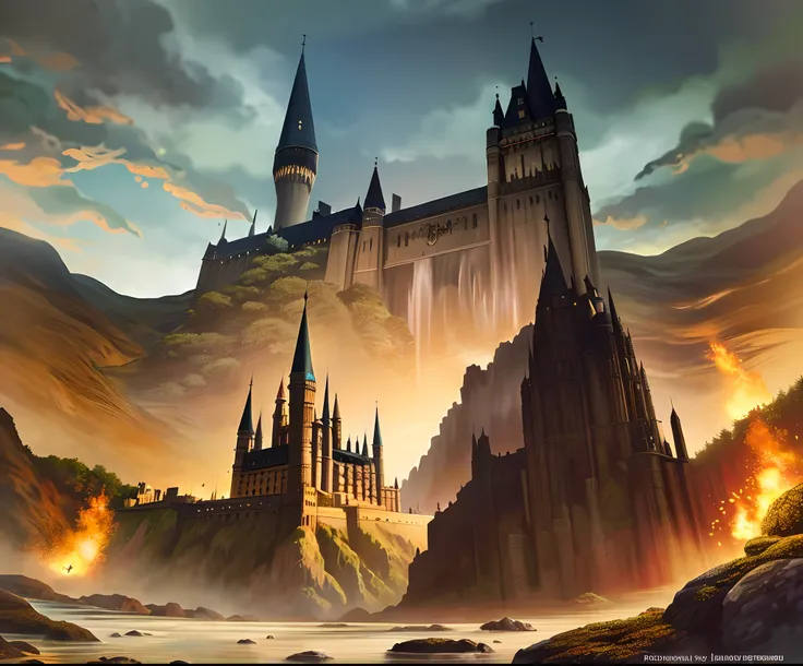 Theres a painting of a castle on a full moon hill, Estilo Andreas Rocha, Bussiere Rutkowski Andreas Rocha, Antecedentes Hogwarts, inspirado em Andreas Rocha, hogwarts setting, autor：Andreas Rocha, Hogwarts 2 0 7 7, A Arte de Harry Potter, O estilo de Andre...