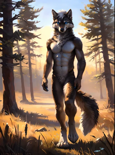 ((Solo)), male people, anthro wolf, (Multi-colored fur, White-brown:1.3，White tail pointed), (Height 2.1m,Tail length 1.2m), ((Wolf face, White hair, Big eyes, White eyelids, Blue pupil, Slim:1.2) (Tough, Calm expression:1.2)), Abs, Slim, pinging)), (Corre...