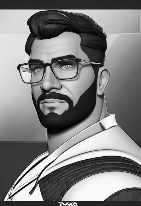 personagem dos desenhos animados de um homem com barba baixa, camisa de gym na cor preta, Black shorts and athletic sneakers. Cabelo levemente grisalho, animation character, Caractere estilizado, animation style rendering, 3D estilizado, Arnold Maya render...