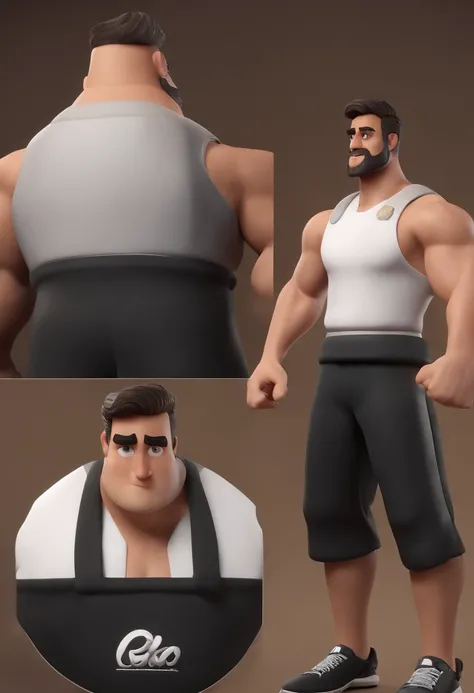 personagem dos desenhos animados de um homem com barba baixa, camisa de gym na cor preta, Black shorts and athletic sneakers. Cabelo levemente grisalho, animation character, Caractere estilizado, animation style rendering, 3D estilizado, Arnold Maya render...