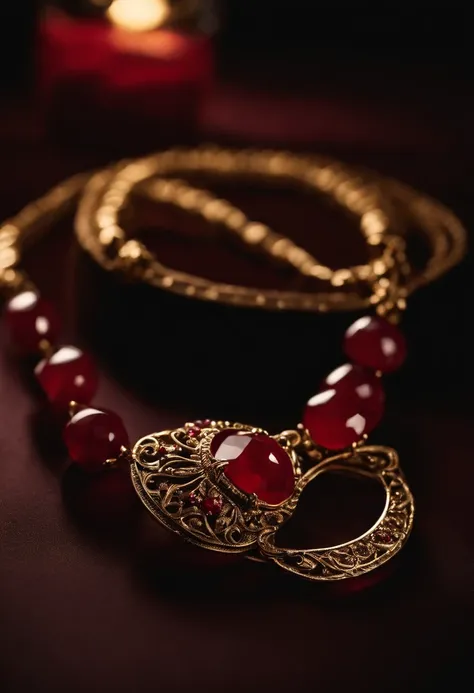 On the table is placed a Ruby red necklace with a unique design made of brass and ruby ,(choker necklace),4k高清,(Real Photographics),Masterpiece, Best quality