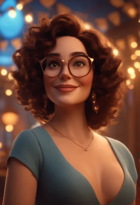 Pixar style image with 3D character white glasses brunette woman short curly hair 35 years old dancing, Maquiagem Disney,Pescador, bonitinho, sorridente ,Close-up, Pixar, Disney, Cinema lighting,