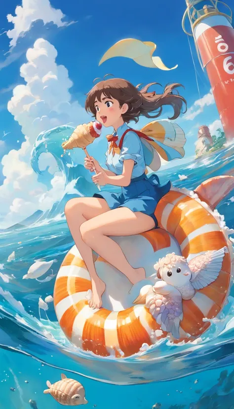 sea with clear view of seashell and starfish, blue sky with cloud, woman in the middle of the sea on a duck rubber buoy eating ice cream, far, windy, mood summer chill, tone color film