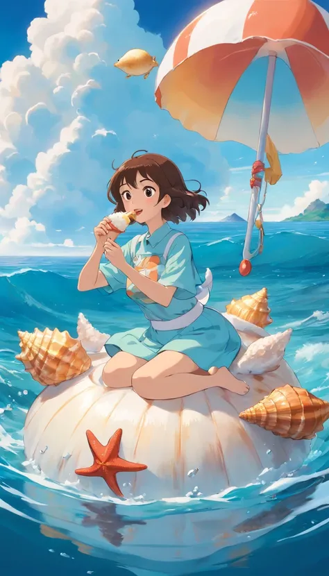 sea with clear view of seashell and starfish, blue sky with cloud, woman in the middle of the sea on a duck rubber buoy eating ice cream, far, windy, mood summer chill, tone color film