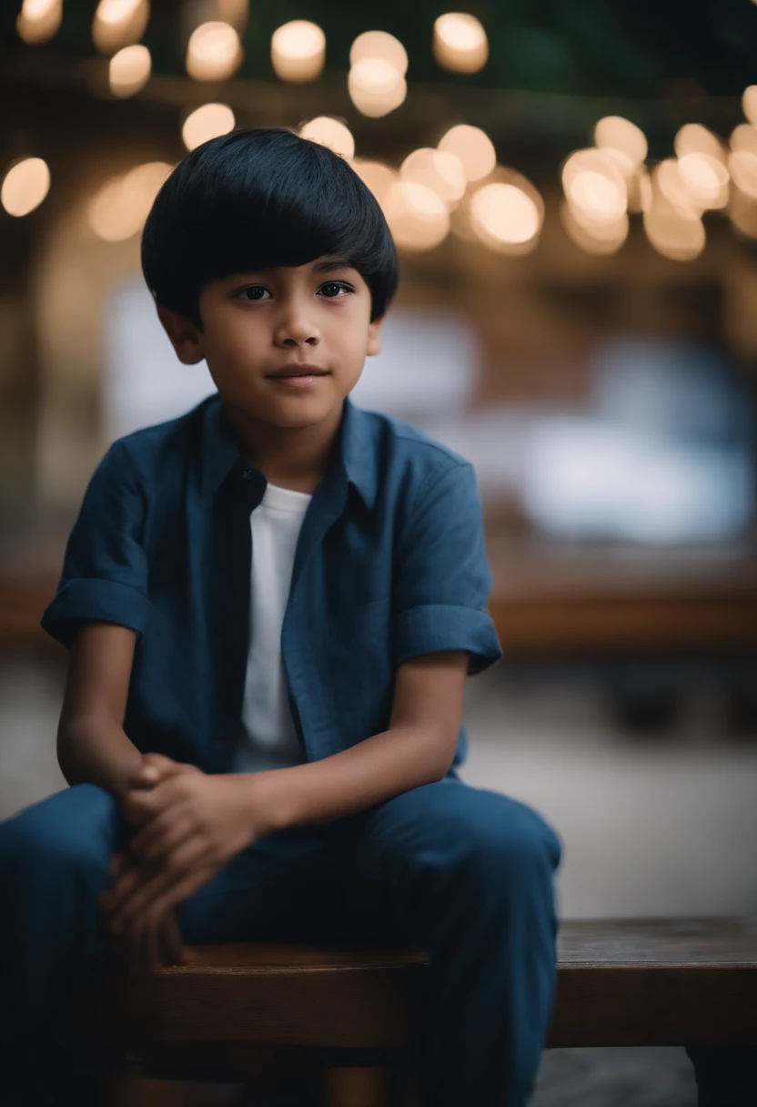 Movie Image Quality, 10 years Indonesian. Boy with a black Bob haircut, bretelle, Short bleu, White Woven Shirt