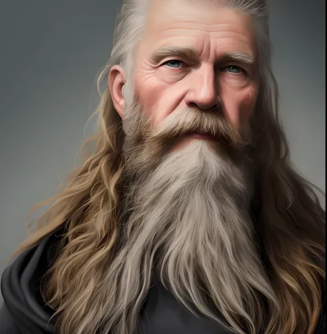 Homem com cabelos compridos e barba vestindo uma jaqueta preta, Retrato pintado de Odin acidentado, Retrato pintado de Zeus acidentado, pintura digital realista, barba grossa altamente detalhada, arte digital altamente realista, pintura digital ultra reali...