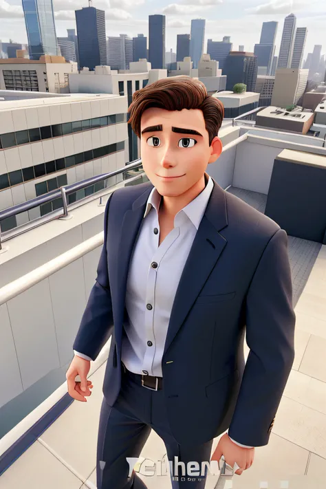 A man in a suit on top of a building