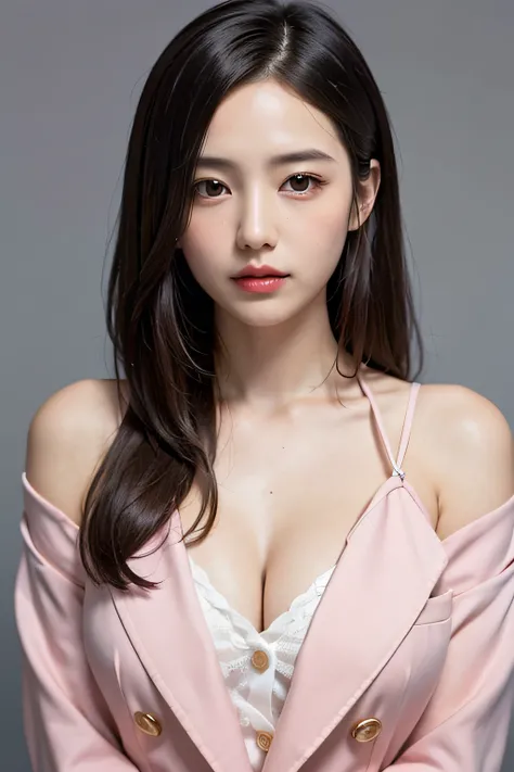 Gentle and beautiful woman, half body photo, Delicate and sexy collarbone, charming oval face, Double eyelids, Smart peach blossom eyes, Pink lips, small nose, Bare shoulders, Focused face, Face Close-up, The ultra -The high-definition, Super Details, eleg...