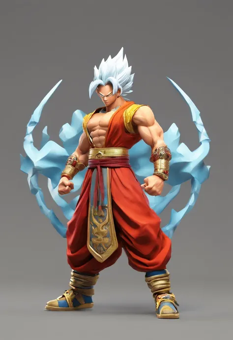 Super Saiyan 6 demon with white hair, red horns, dark skin on arms and chest, olhos vermelhos, Orange thong on top of blue pants, Pele cinzenta