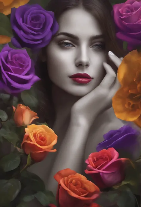 imprimir para misturar cores. simetria perfeita. Purple rose in the middle positioned next to the face of a beautiful lady scene adlt 18 with intense eyes that crying a tear and golden lips.. corar, reflection, Pisou. illustration, Cinematic lighting. vist...