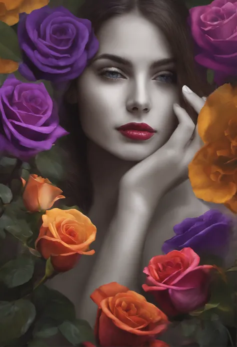 imprimir para misturar cores. simetria perfeita. Purple rose in the middle positioned next to the face of a beautiful lady scene adlt 18 with intense eyes that crying a tear and golden lips.. corar, reflection, Pisou. illustration, Cinematic lighting. vist...