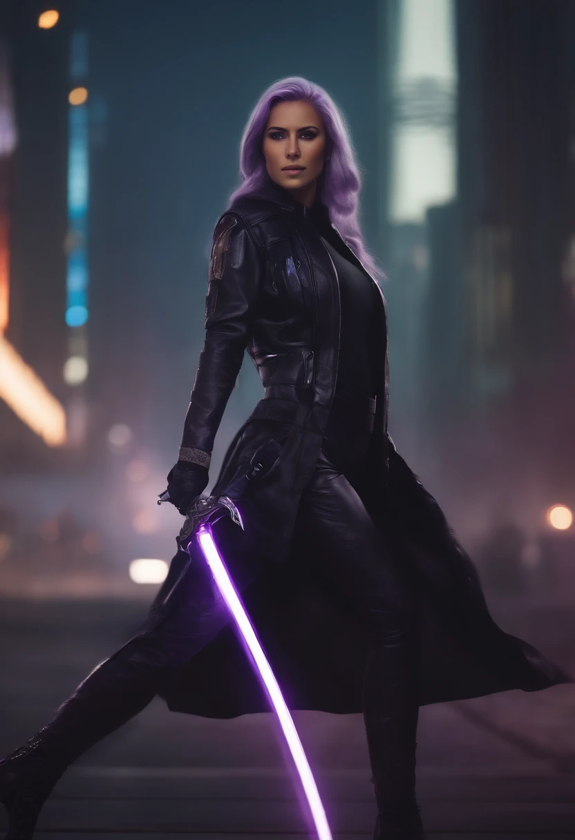 Beautiful woman, Anti-hero wearing black and purple uniform, laser katana sword in hand, pele branca, cabelos pretos longos, retrato, Jeff Pontes, ((estilo dos desenhos animados)), Marvel Cinematic Universe style, (((cidade cyberpunk ao fundo))), bokeh sua...