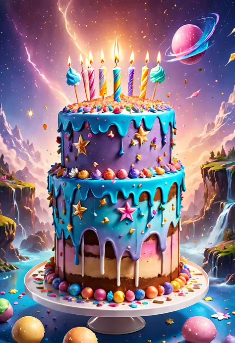 Beautiful 8K Ultra HD professional photos, Sharp focus, In a stunning fantasy starry world,Fairies are dancing in the sky，A birthday cake filled with gems falls from the sky，A huge cake，It has candles and confetti on it, Huge birthday cake, with sparkling ...