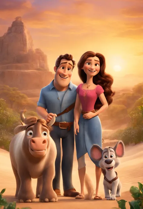 a Disney Pixar movie poster showing a white-skinned family. The father is the tallest, Tem barba curta, loiro, cabelos curtos e espinhosos. The mother has brown eyes and hair, shoulder-length and is slightly overweight. A menina tem 4 anos e cabelos castan...