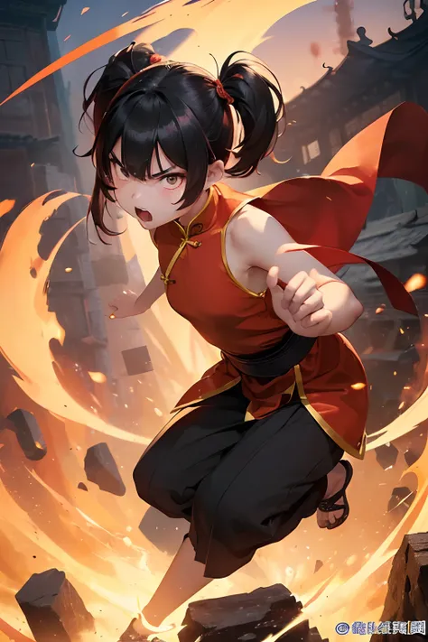 (((One chinese girl around 18 years old, fierce expression, small eyes, angry))), fantasy monk dress, monk long pants, fighting, kicking, fire from her kick, fantasy setting, monk, karateka, shouting, ((two short pigtails)), ((full body))