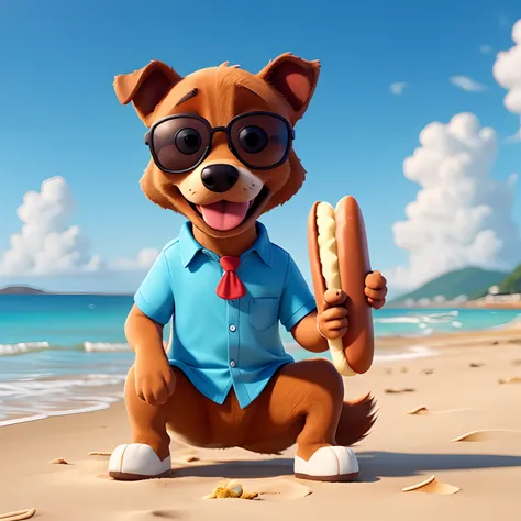 Dog eating a hot dog with sunglasses on the beach.