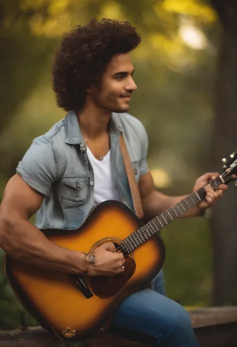 crie um banner no estilo Pixar. A man with Brazilian features, branco com cabelos curtos, Castanhos escuros, Smooth and slightly grayish appearance, mas jovem, usando uma camiseta, Vestindo jeans e tocando um guitarra estilo Les Paul amarela